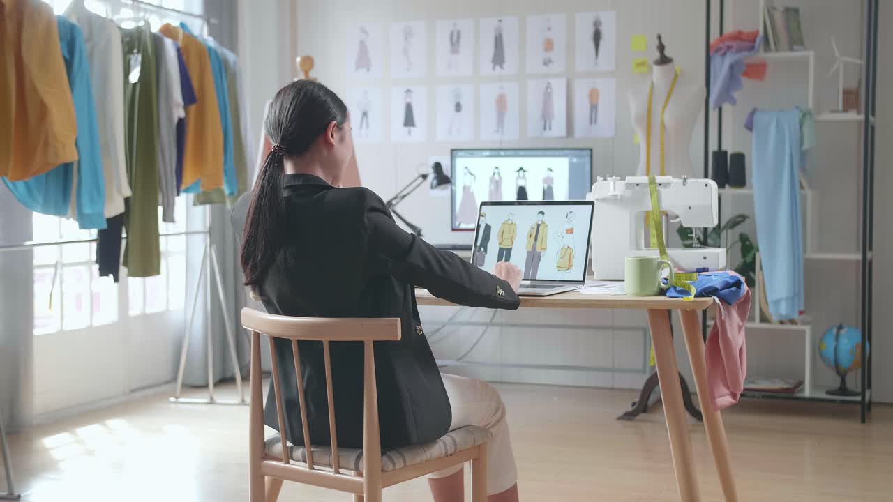 비즈니스 슈트를 입은 아시아 여성 디자이너가 스튜디오에서 노트북에서 옷을 디자인하는 동안 스트레칭하는 뒷면.