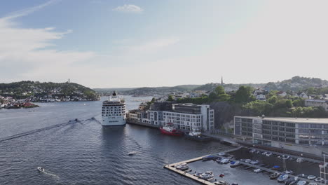 aerial view of cruise ship near the marina in arendal, agder county, norway