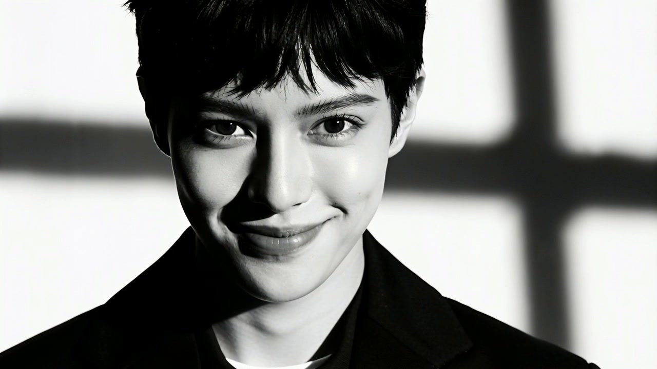 Winking model shifting into full smile while modeling in B or W studio, grid shadow and dark blazer