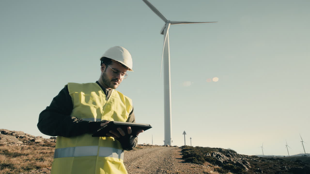 A renewable energy engineer in a white helmet uses a tablet to inspect wind turbines on a sunny day, promoting the use of clean energy for a greener future