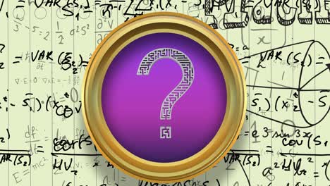 question mark symbol over purple round banner against mathematical equations on yellow background