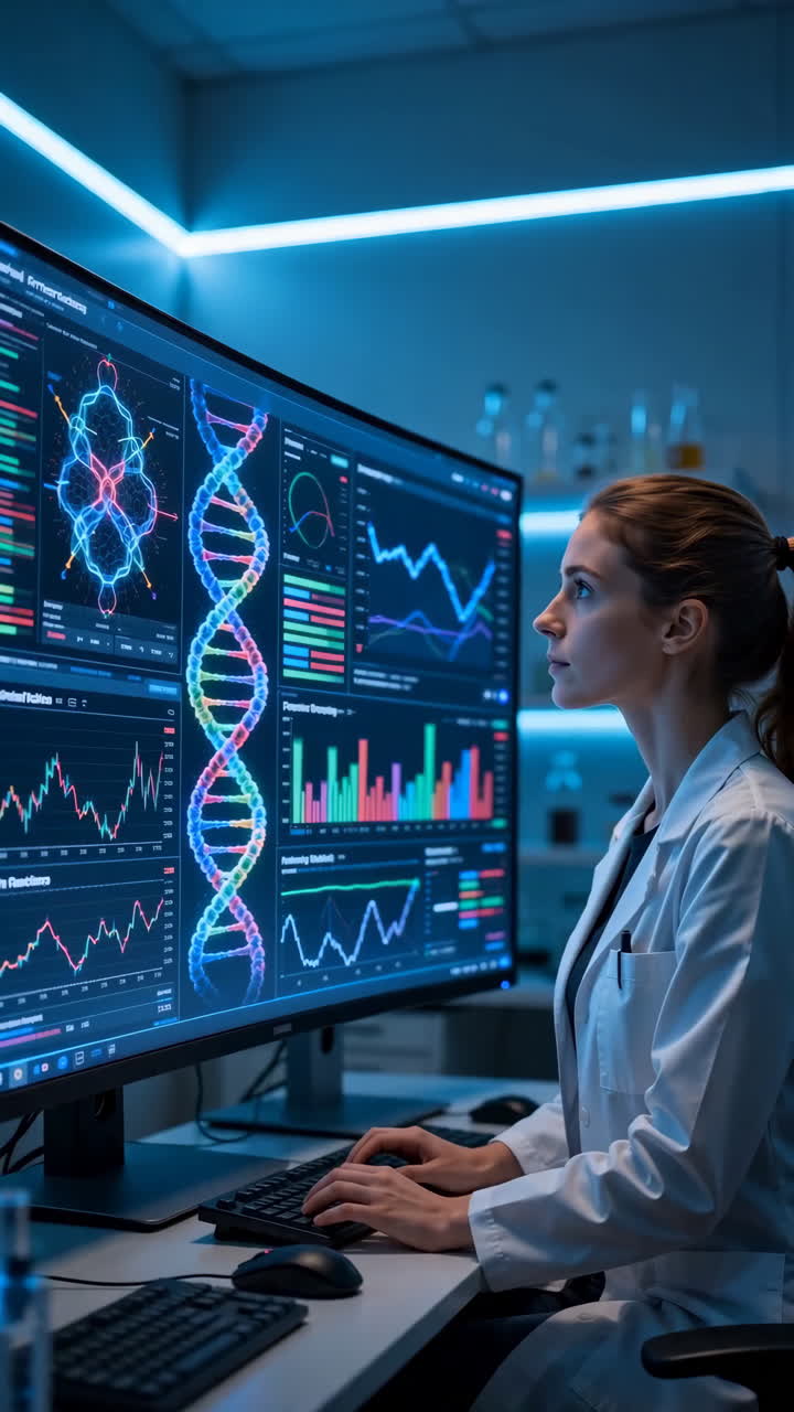 Female Scientist Studies Genomic Data Display With Large Curved Monitor Showing Dna Helix And Colorful