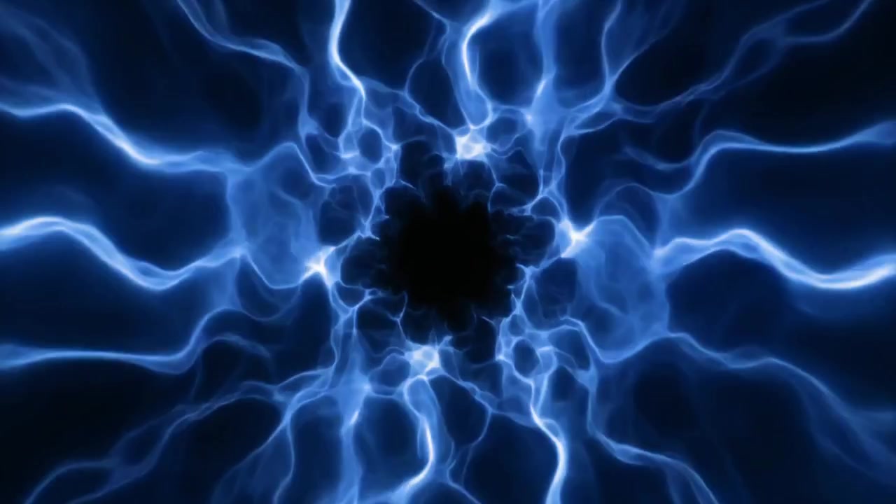 Tunnel di energia blu astratto e pulsante su sfondo nero