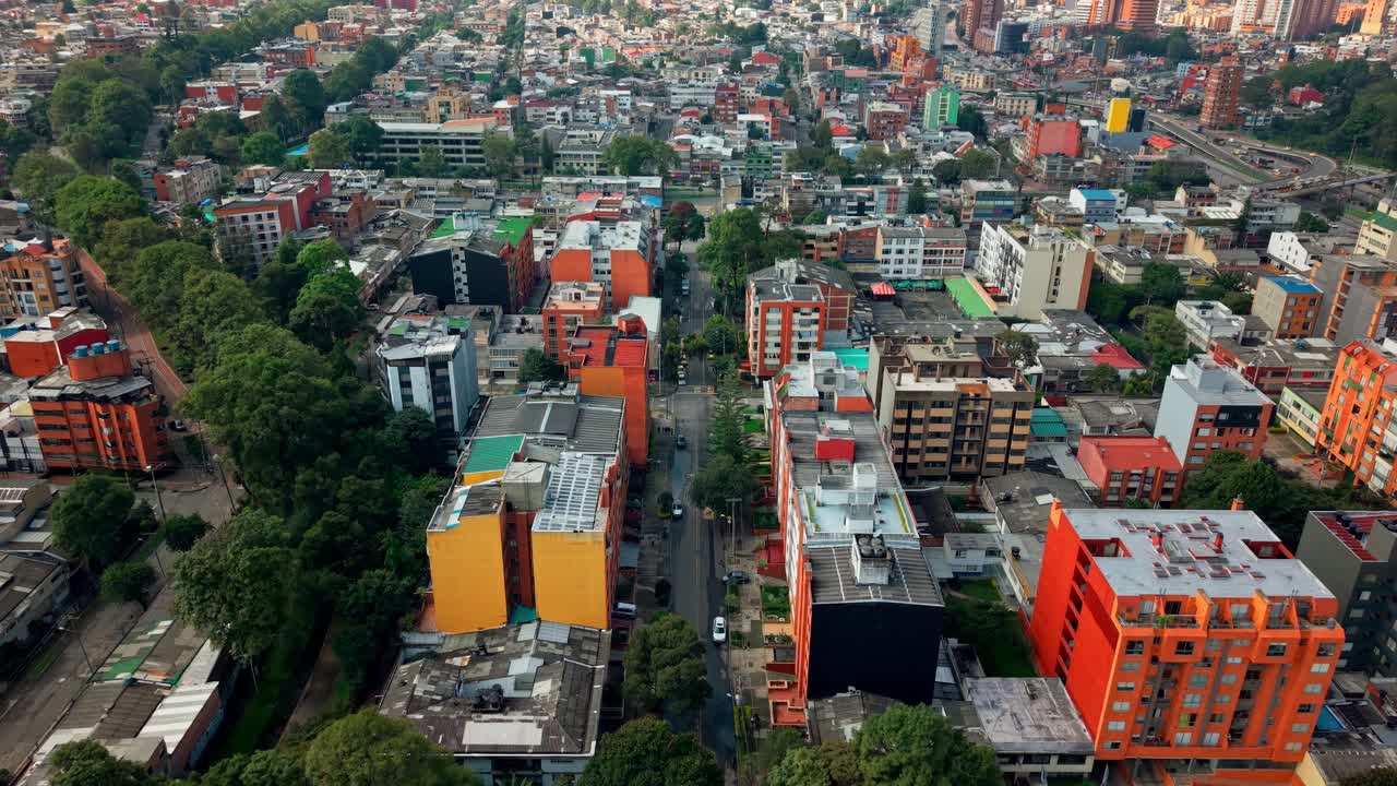 Dolly in establishing aerial view of the residential and artistic neighborhood of Teusaquillo in Bogota, Colombia.