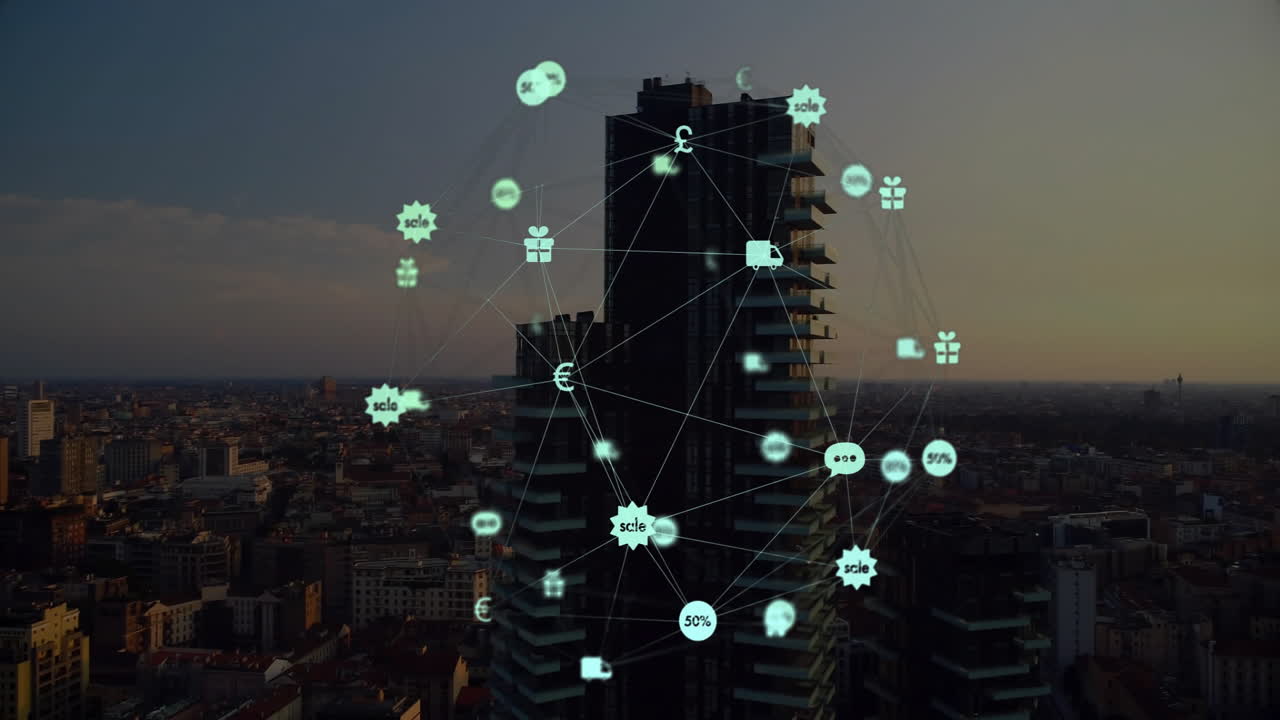 Animating financial icons and connections over cityscape with tall buildings