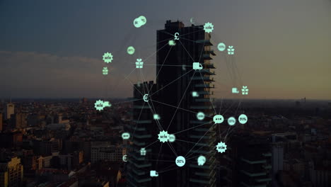 animating financial icons and connections over cityscape with tall buildings