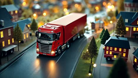 large red truck moves through miniature city landscape at dusk