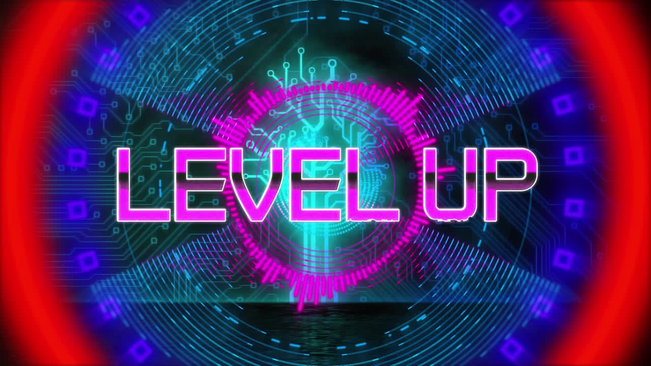 animación digital de texto de neón a nivel sobre túnel brillante contra un fondo negro