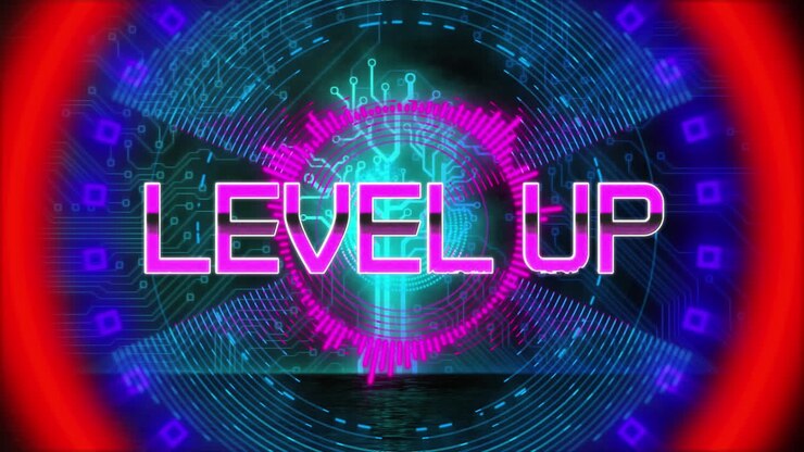 Animazione digitale di testo 'level up' al neon su un tunnel luminoso, su sfondo nero.