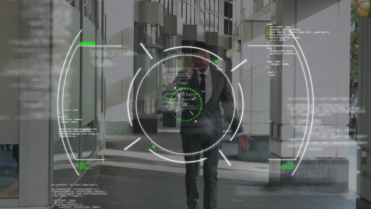 Animation of scope scanning and data processing over african american businessman in office