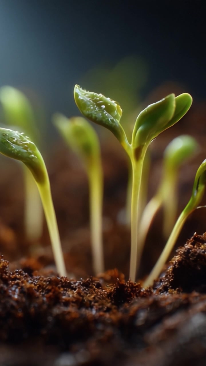 Piantine che emergono da terreno fertile: un primo piano di nuova vita con foglie germoglianti che si protendono verso la luce, a simboleggiare crescita, natura e rinnovamento nella Terra.