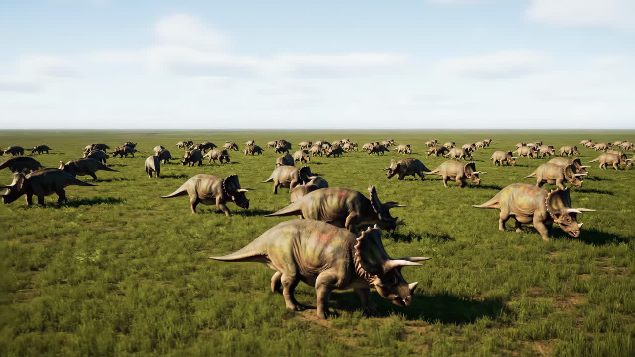 A herd of triceratops grazing in a grassy field