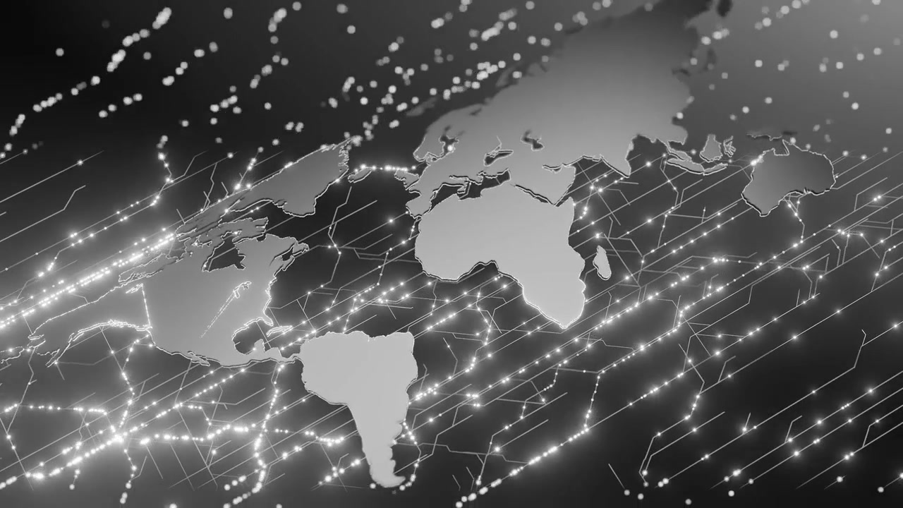 Digital world map with glowing white network connections on a dark background. Futuristic technology concept for global communication and data transfer. Abstract 3D rendering with copy space
