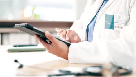 woman, hands and doctor with tablet in research