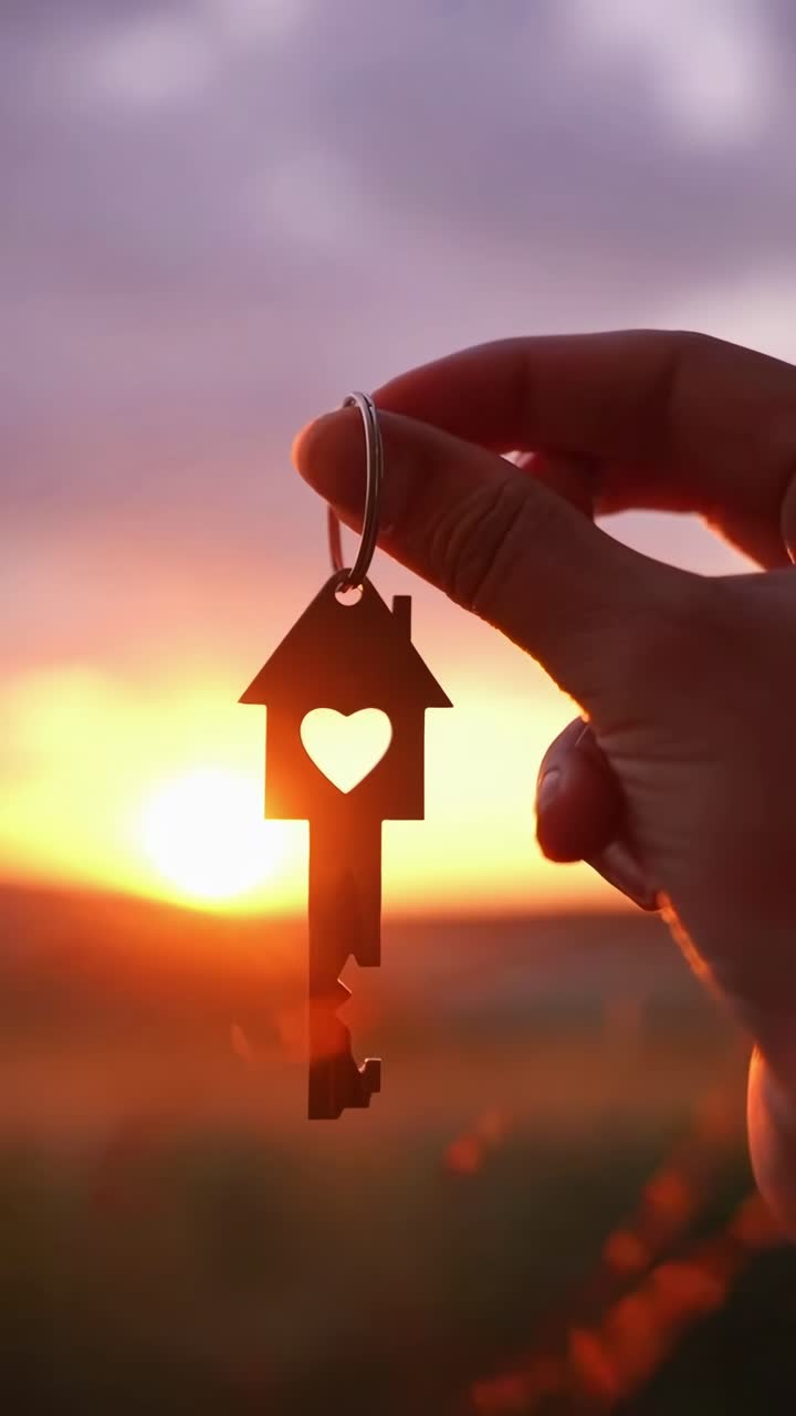Silhueta de uma mão segurando uma chave de casa ao pôr do sol, capturada de um ângulo baixo, estilo de vídeo