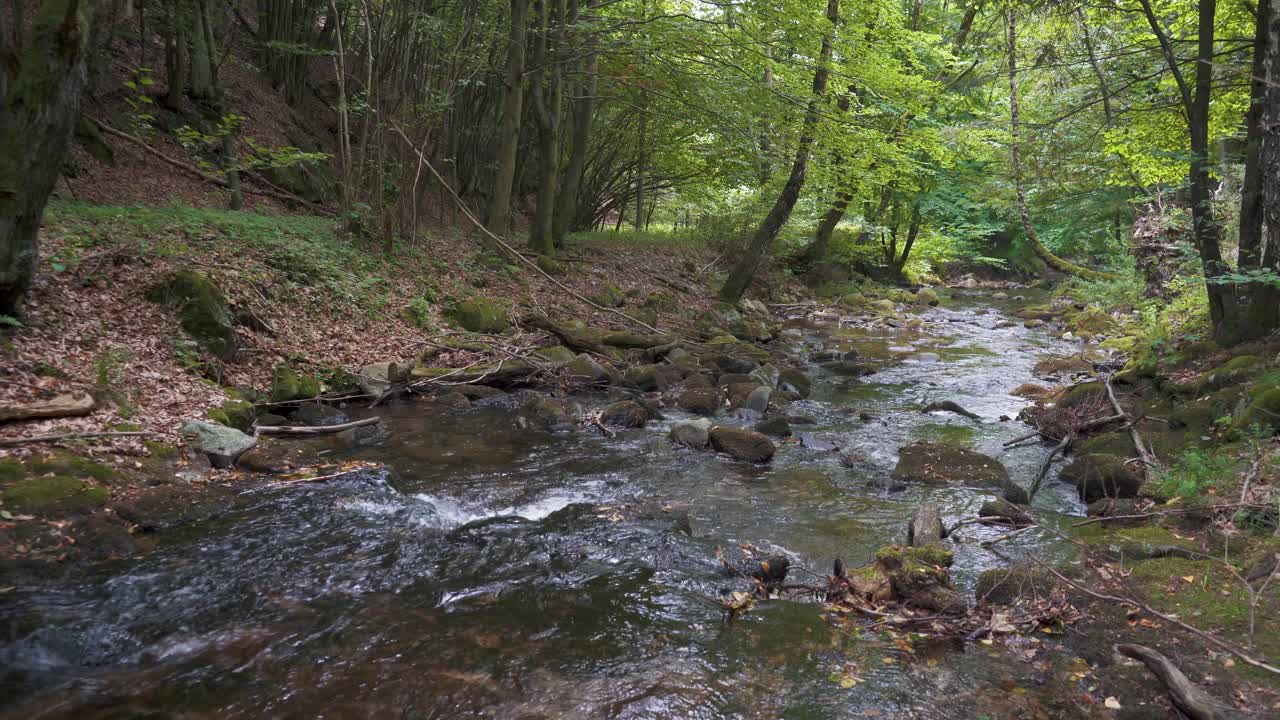 Hiking trail through lush forest leading to Sutovsky waterfall in Mala Fatra, Slovakia. Aerial view of small waterfall along the path. Scenic nature, perfect for travel and outdoor adventure themes