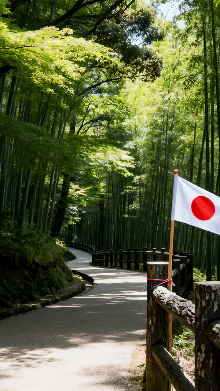 Pystyvideo: Liukuva kamera liikkuu kaarevaa bambupolkua pitkin kuvaten Japanin lippua ja valoa