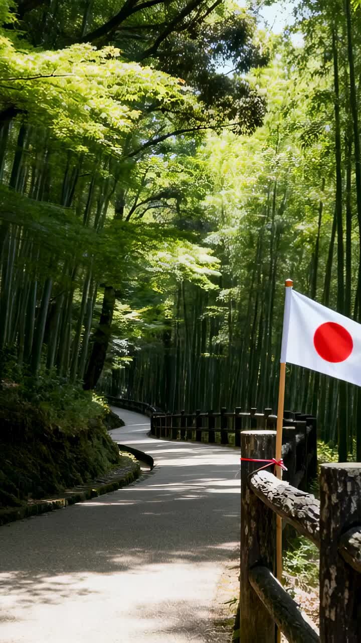 Vídeo vertical: cámara deslizante que avanza por un camino de bambú curvo, filmando la bandera de Japón y mostrando la luz