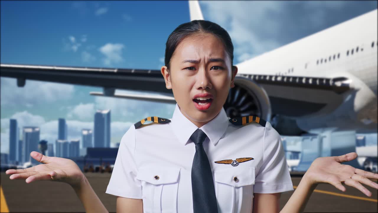 아시아 여성 조종사가 배경에 비행기가 있는 공항에서 의심스럽게 서 있는 이유를 궁금해하는 장면