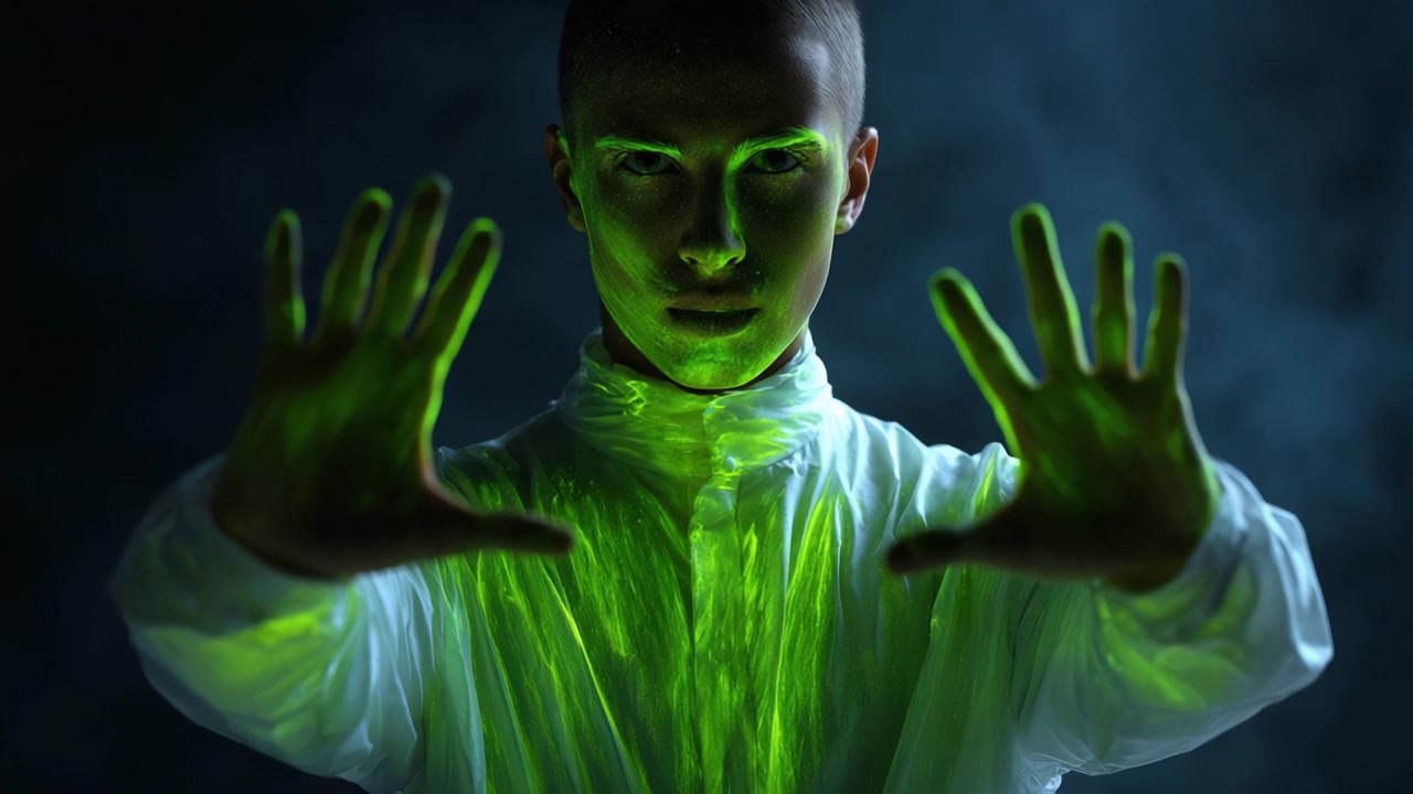 Figura enigmatica che manipola energia eterea con luce verde luminosa che emana dalle mani in un'ambientazione scura e suggestiva, evocando mistero e intrigo.