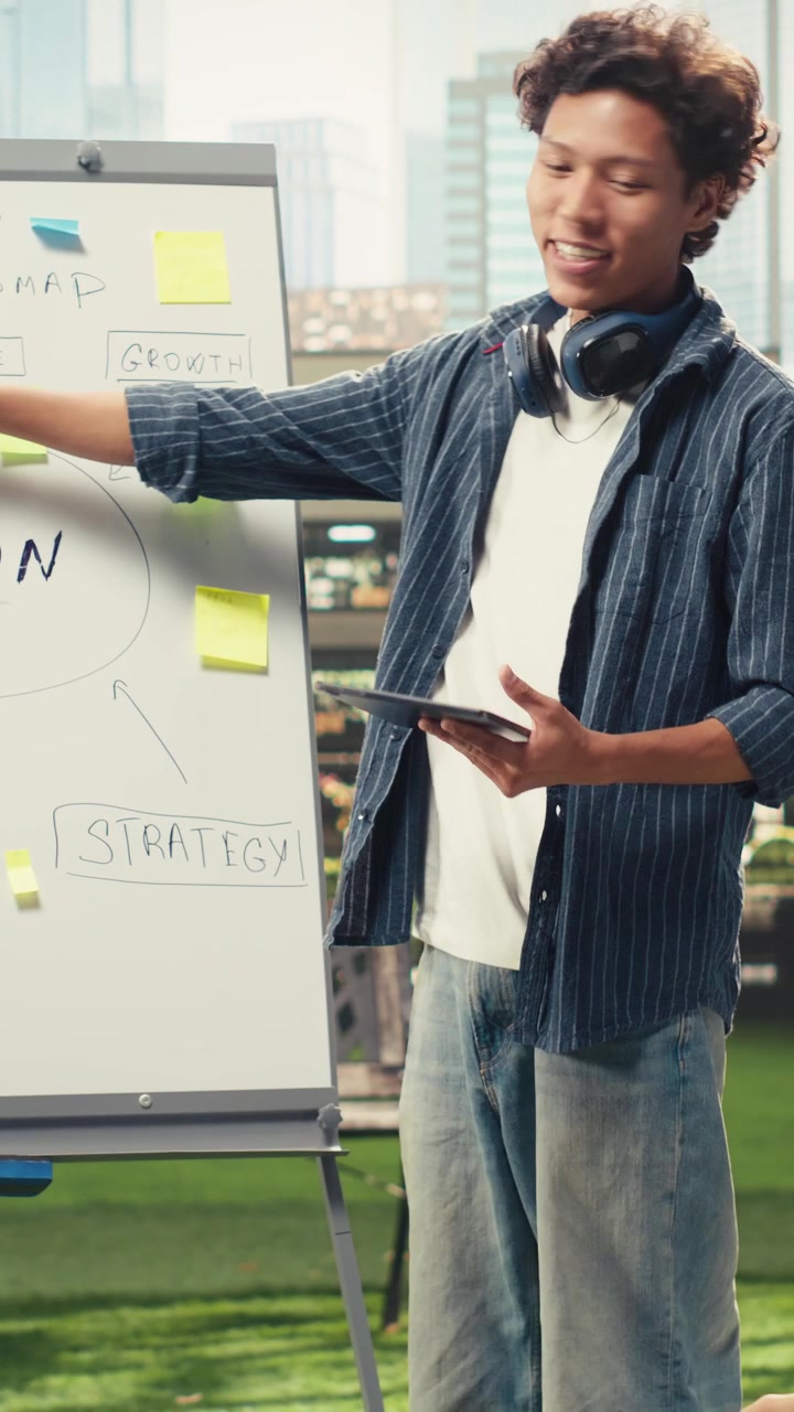 Vertical Video Student presenter standing beside strategy whiteboard and pointing