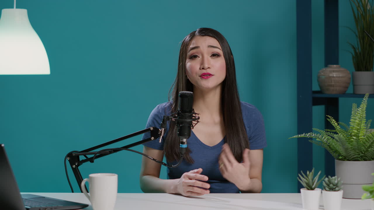 POV of asian woman filming live discussion on camera
