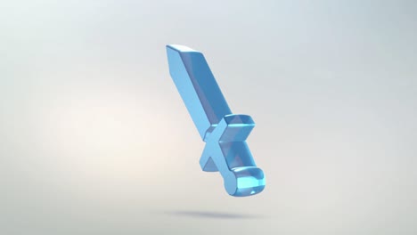 el icono de la espada está hecho de vidrio. icono de espada giratoria translúcida con canal alfa de color azul verde. símbolo de bucle sin costuras figura 3d
