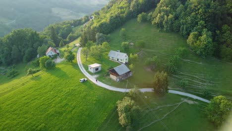 flying around an idyllic small farm on top of the hill surrounded with green meadows and forest