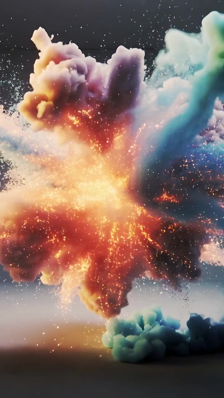 Video vertical: Núcleo dorado encendiéndose impulsando una pluma pastel que se expande por el suelo, llenando un fondo estrellado.