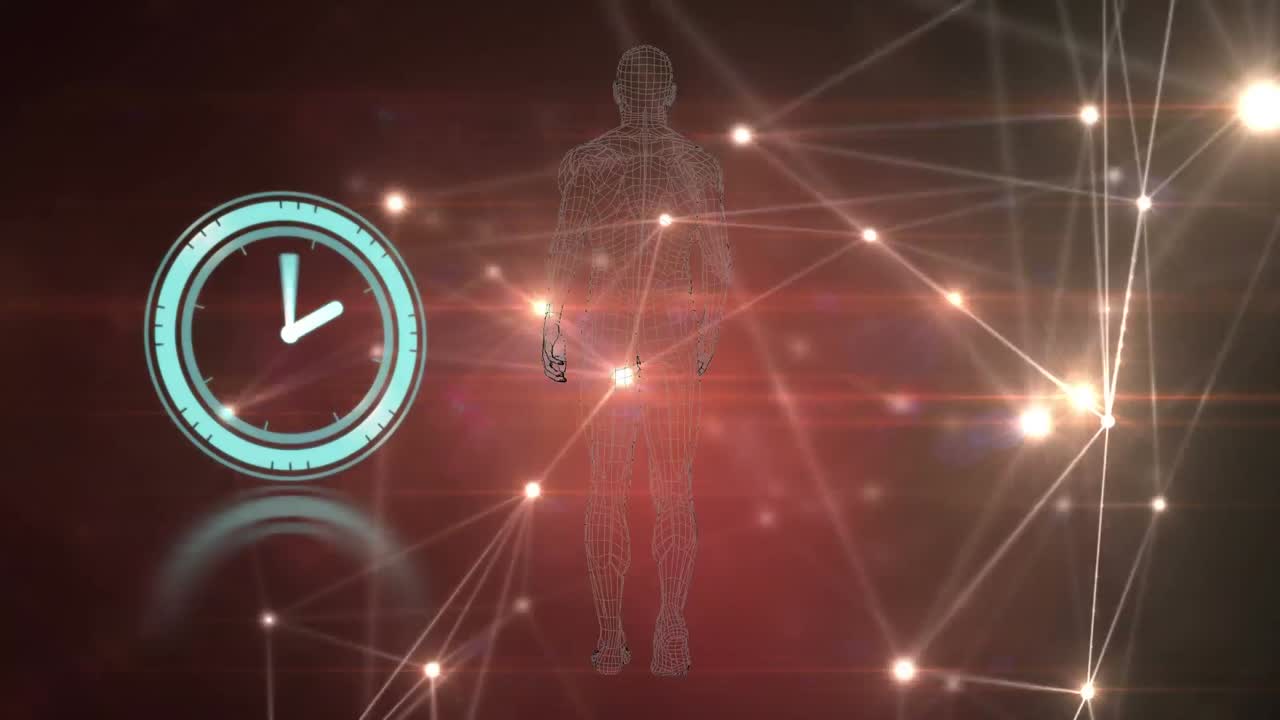 animación de un reloj en movimiento y un modelo humano sobre una red de conexiones sobre fondo negro