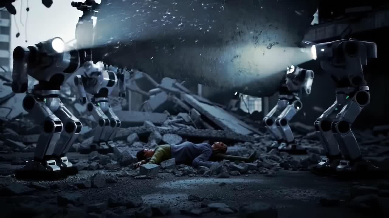 In a post-apocalyptic setting, advanced robots illuminate a scene of destruction, focusing on two figures amid the rubble, highlighting the interplay of technology and human struggle