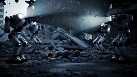 in a post-apocalyptic setting, advanced robots illuminate a scene of destruction, focusing on two figures amid the rubble, highlighting the interplay of technology and human struggle