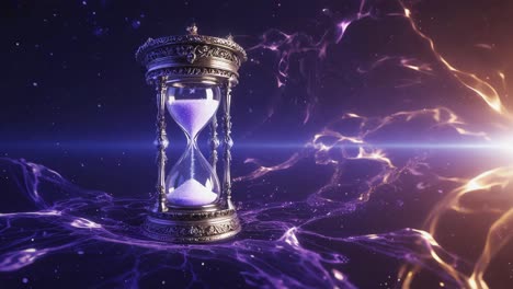 ornate hourglass with purple sand amidst cosmic energy