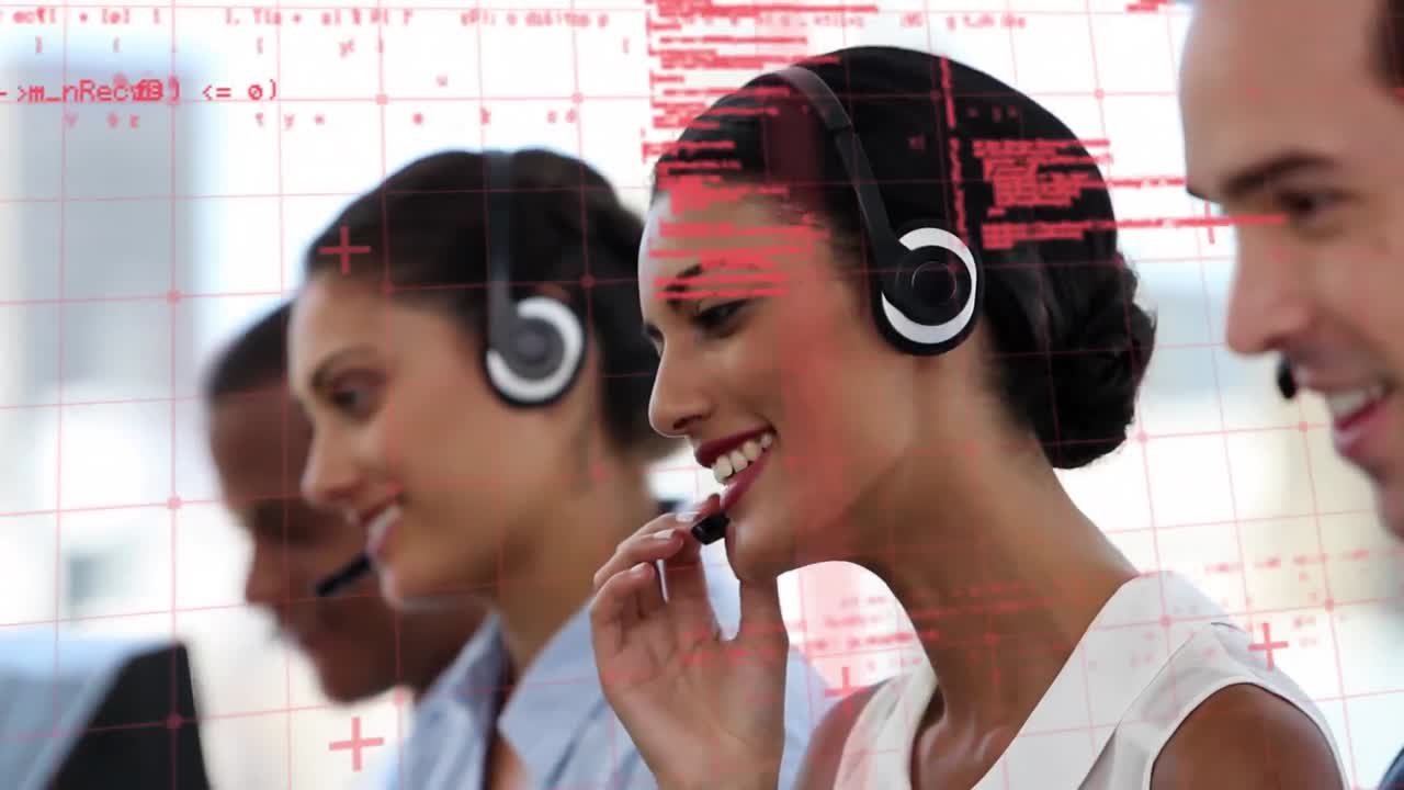 Animation of data processing over business people using phone headsets