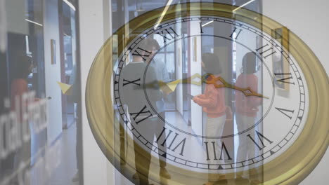 animation of clock moving over diverse colleagues discussing work