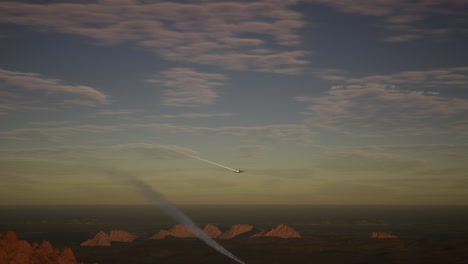 avión militar deja caer una bomba en el campo de batalla al atardecer. concepto de guerra