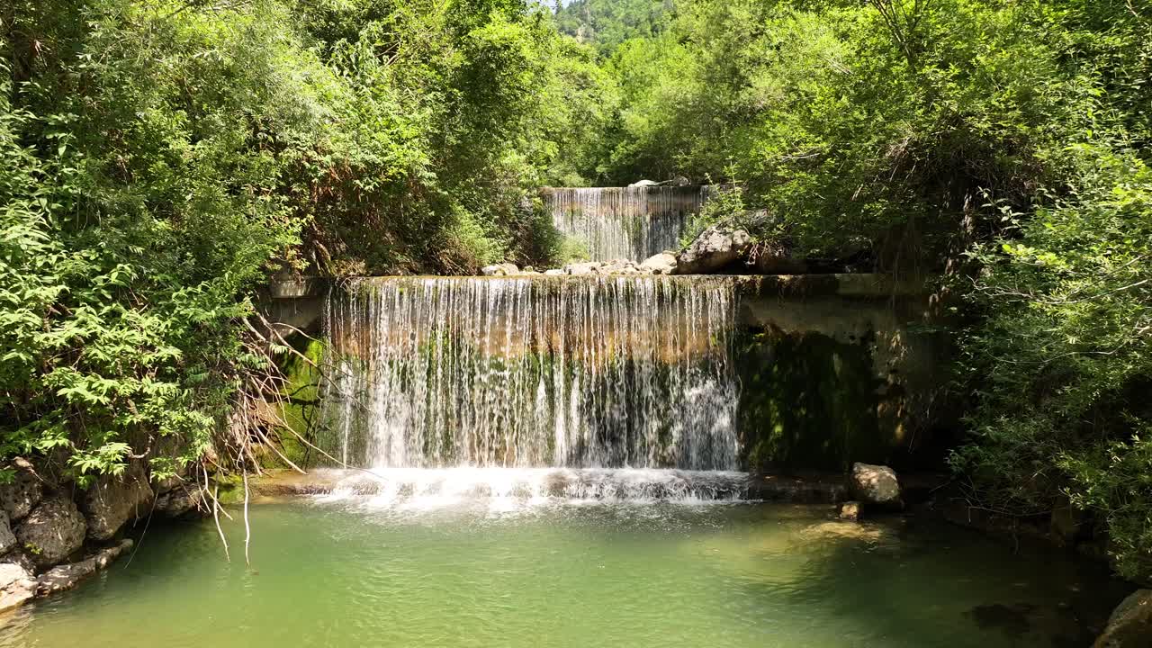 Piccola cascata che sfocia in una pozza cristallina, circondata da una vegetazione lussureggiante a Mols, Walenstadt, Svizzera, creando una serena scena naturale