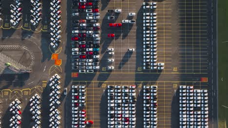 aerial top down of car manufacturer parking lot with finished vehicles