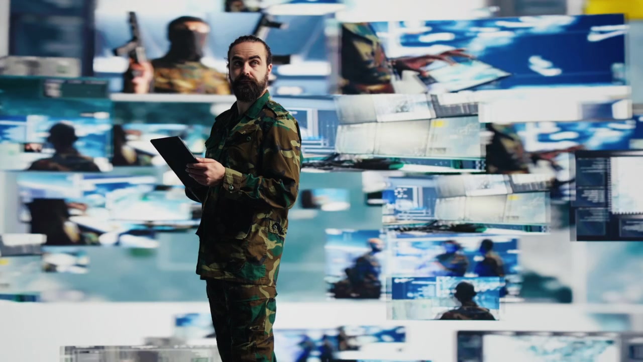 Ufficiale dell'esercito analizza dati satellitari all'interno di una zona di combattimento virtuale