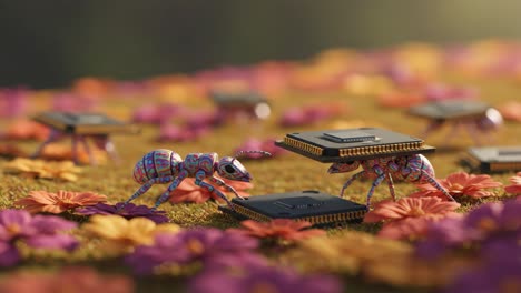 in a vibrant, animated world, two intricately designed ants interact and collaborate with metallic chips on a colorful floral landscape, showcasing a blend of nature and technology
