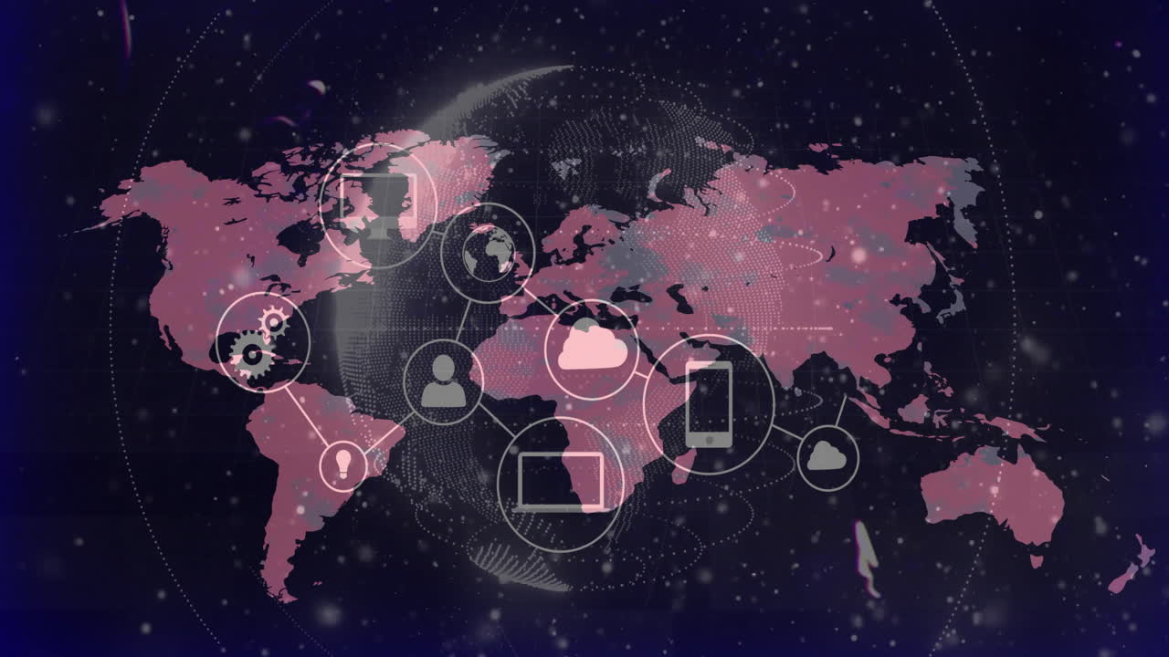Global technology network being visualized on pink world map, connecting white icons in flat design