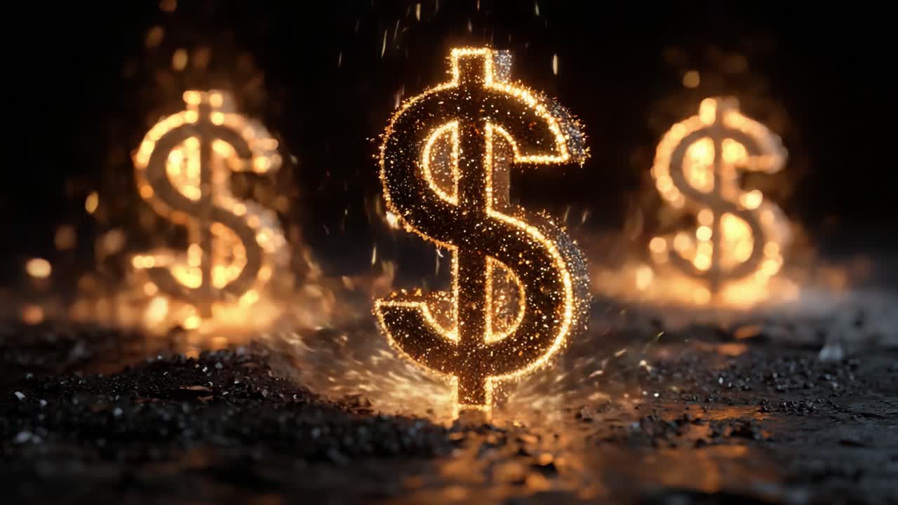 Golden dollar signs made of glowing particles are sparkling and smoking on a dark, rocky surface, representing financial strength, investment success, and the powerful nature of money