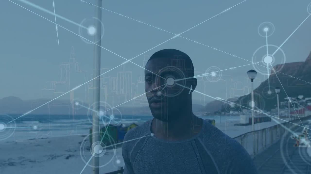 Animation of network of connections over african american man running