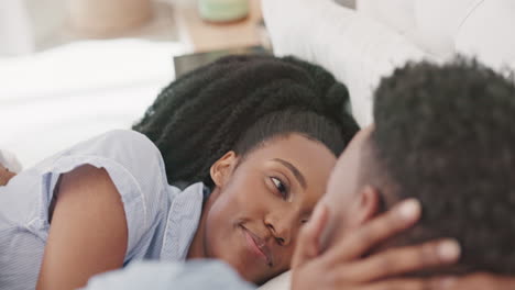 Morning,-love-and-black-couple-relax-in-bed