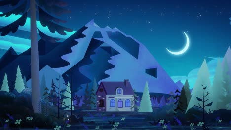 old abandoned brick house in a gloomy dark blue coniferous forest. a mighty rock covers the sky behind the house. a moon crescent dimly illuminates the ghostly haze of the magical forest.