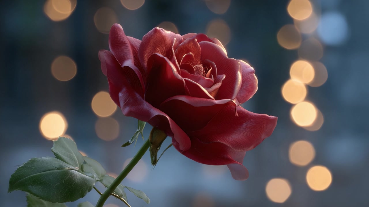 Uno splendido primo piano di una rosa rossa con uno sfondo bokeh morbido che illumina i suoi petali, catturando la bellezza e l'eleganza della natura in un'ambientazione da sogno.
