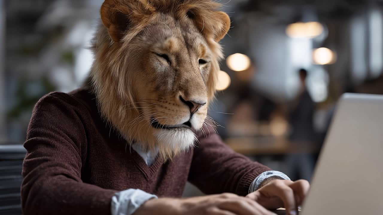 Løve sidder ved skrivebord, fokuseret på sin bærbar computer. Hænder taster stabilt, hvilket viser koncentration. En tankefuld pause med poten nær hagen og tankefulde øjne. Kontoratmosfære med bløde bokeh-lys.
