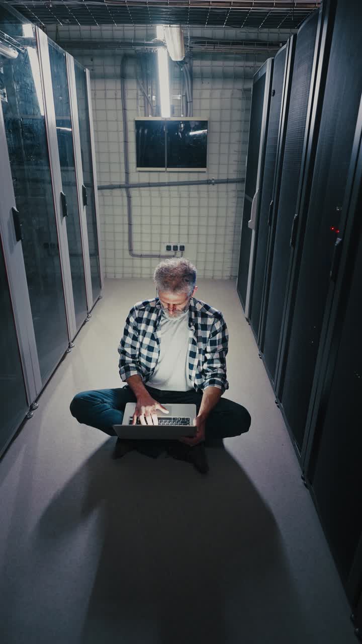 Man Working on Laptop in a Server Room