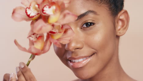 black woman, flower and skincare for cosmetics