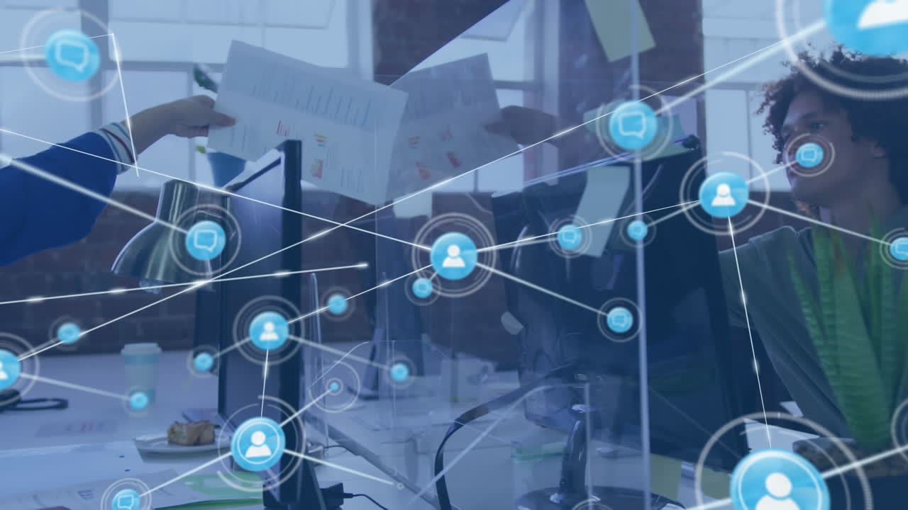 백인 여성에게 문서를 전달하는 두 인종 남성 위의 디지털 아이콘 네트워크의 애니메이션